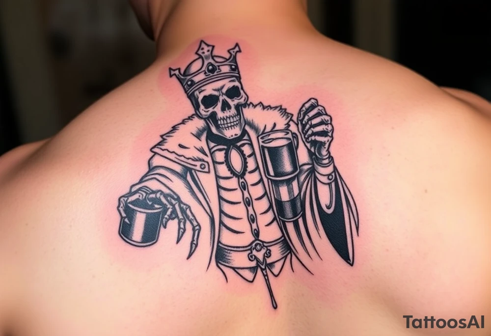 evil skeleton king in clothes getting drunk tattoo idea