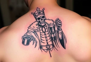 evil skeleton king in clothes getting drunk tattoo idea