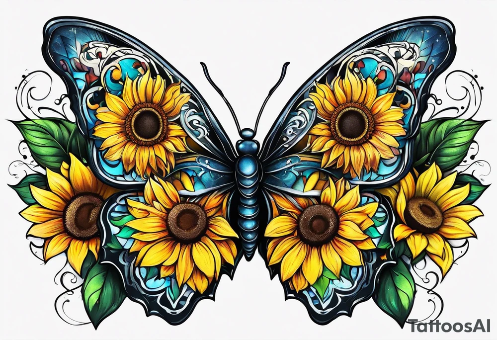Half butterfly half sunflower tattoo idea