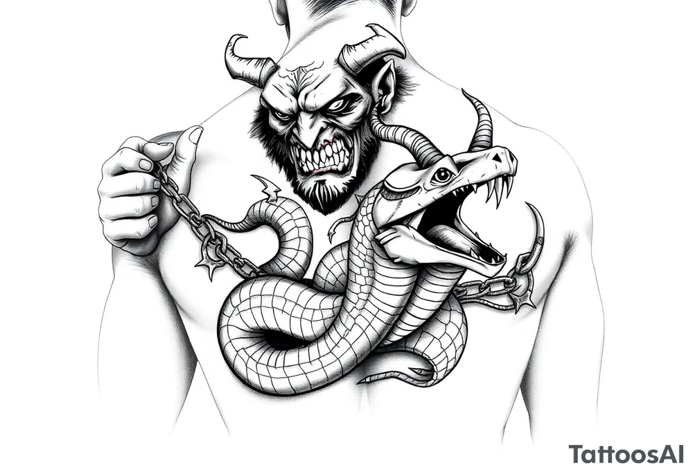 An giant ugly demonic man  holding a chain with a snake and something with devils horns ridding the snake both being slaves the snake has a wide shaped cobra head with goat horns and  a mouth full of sharp teeth and with the demonic guy riding on the back of the snake tattoo idea