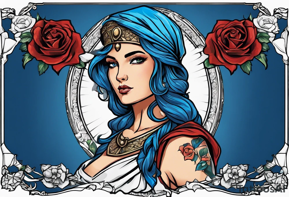 ancient rome clothes women, with scale in one hand blue rose frames, justicia tattoo idea