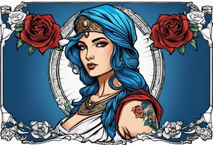 ancient rome clothes women, with scale in one hand blue rose frames, justicia tattoo idea