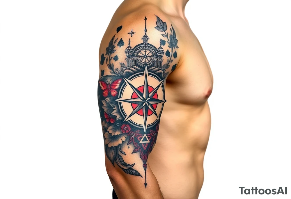poker royal flush + compass + Family + Infinite love tattoo idea