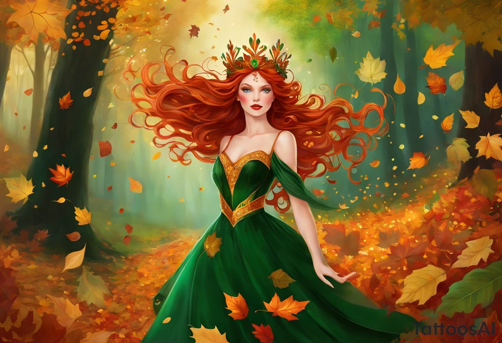 A auburn haired fairy in the middle of a forest during the peak of autumn, twirling in a whirlwind of autumn leaves. The fairy's hair is auburn with copper colors and a crown of gold, orange, and red leaves adorning her head. Her eyes are emerald green with gold flecks, ruby lips and pale skin. Her dress a deep green. tattoo idea