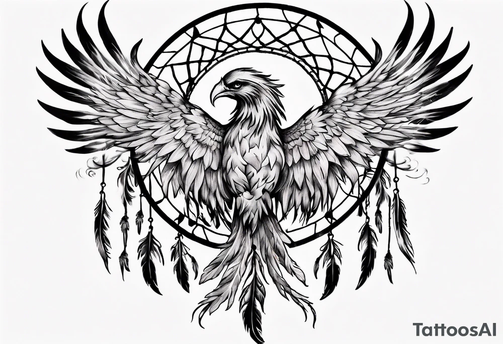 Firey Phoenix bursting from dream catcher tattoo idea