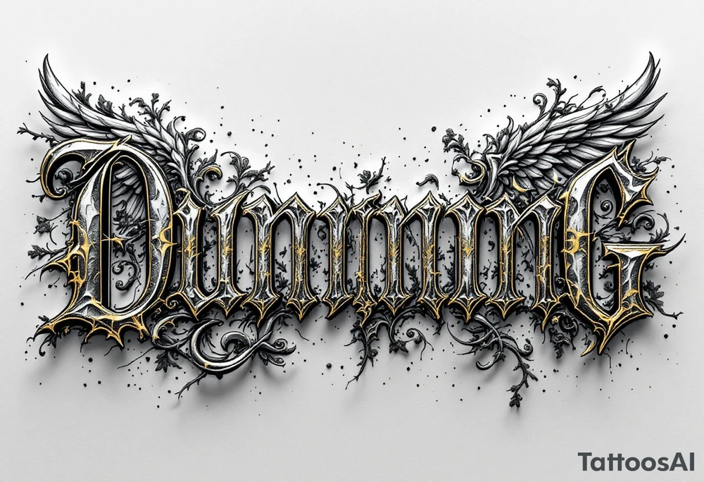 Dunning, details include bold strong font, gold highlights, theme of wealth and angels tattoo idea
