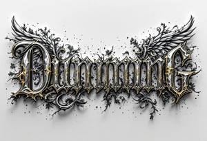 Dunning, details include bold strong font, gold highlights, theme of wealth and angels tattoo idea