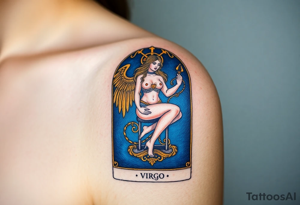 A tarot card featuring the Virgo symbol, with intricate gold detailing and a rich deep blue background tattoo idea