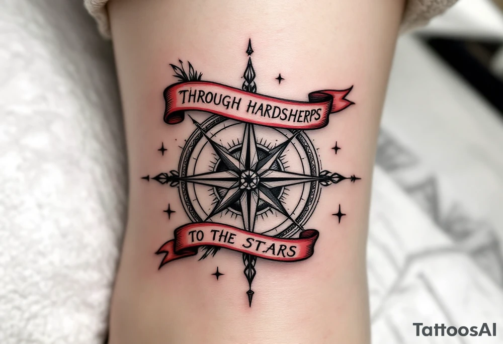 Wrapped in a crimson banner, the phrase “Through hardships to the stars” winds around a black-inked compass rose. tattoo idea
