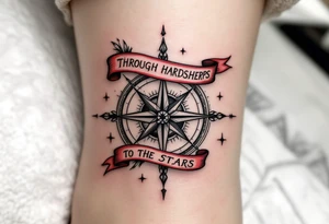 Wrapped in a crimson banner, the phrase “Through hardships to the stars” winds around a black-inked compass rose. tattoo idea