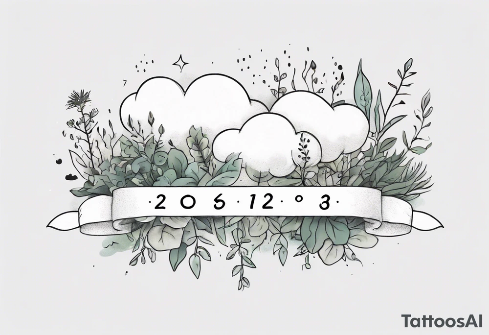 a forearm tattoo with a cloud with little plants and underneath it the date 12.08.05 tattoo idea