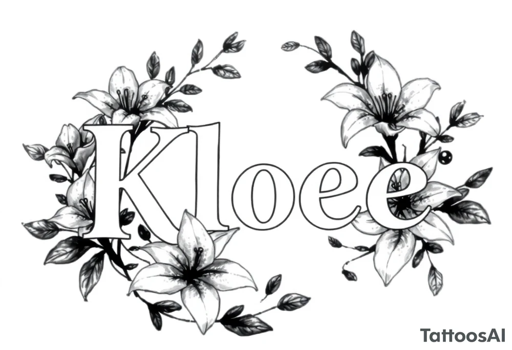 The word Kloee surrounded by big
lilies with the vines in letters tattoo idea