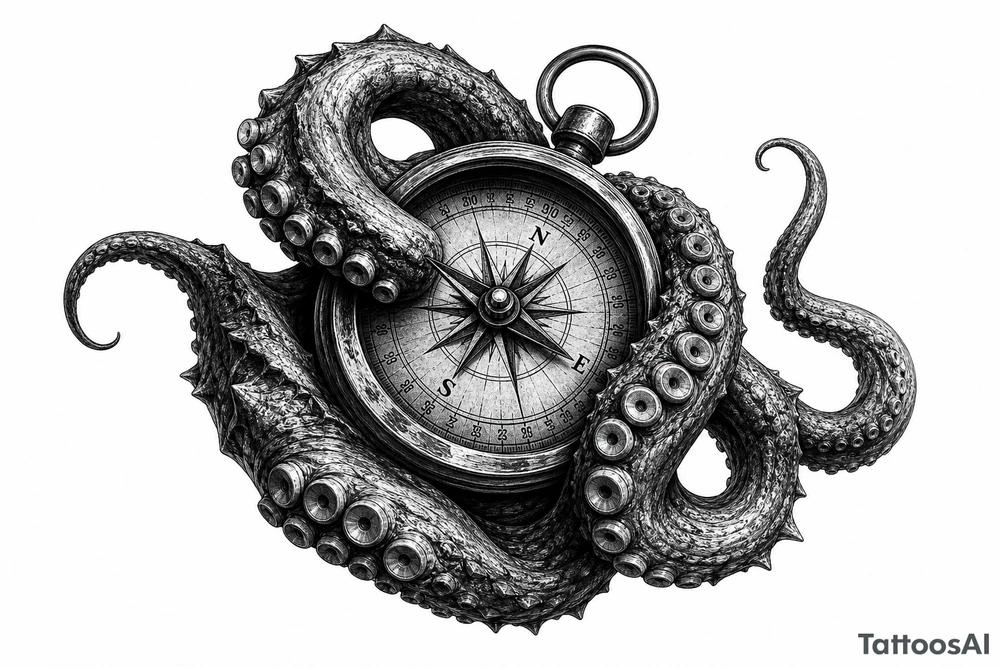 Close-up of kraken tentacles gripping a brass compass, deep ocean shadows. tattoo idea