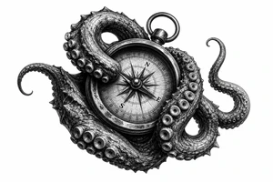 Close-up of kraken tentacles gripping a brass compass, deep ocean shadows. tattoo idea