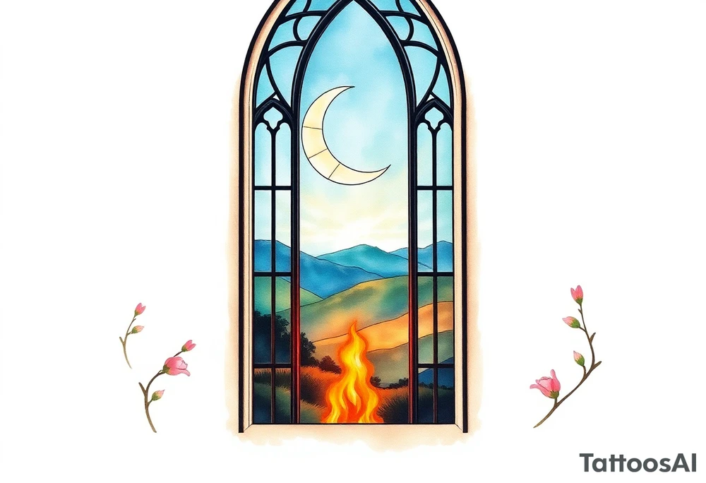 Tall church window with stained glass showcasing crescent moon over a hilly landscape as a fire burns in the distance tattoo idea