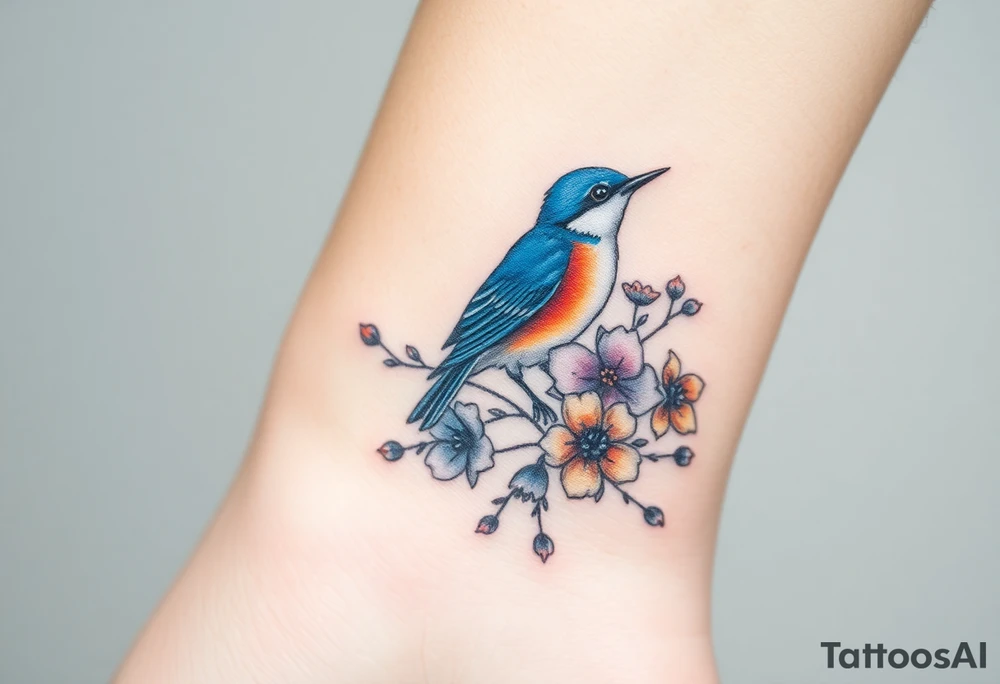 Bluebird with wild flowers tattoo idea