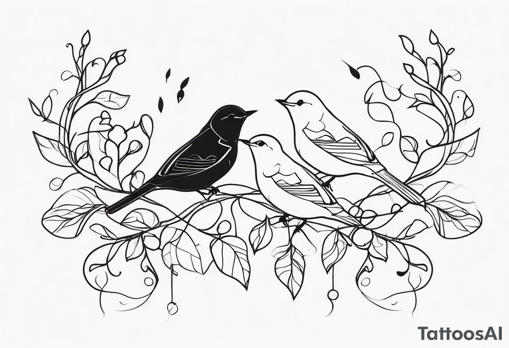 Fine line birds and vines tattoo idea