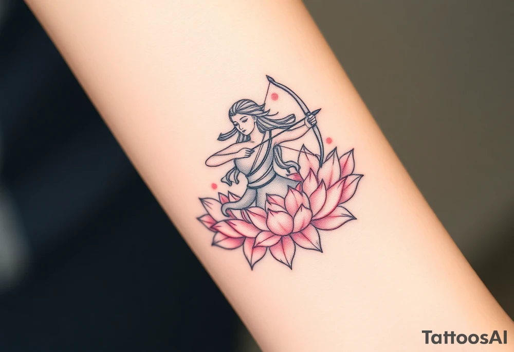 A Sagittarius figure with arrow and bow wrapped in blooming lotus flowers, symbolizing spiritual growth, in soft pink and gold tattoo idea
