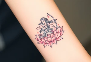 A Sagittarius figure with arrow and bow wrapped in blooming lotus flowers, symbolizing spiritual growth, in soft pink and gold tattoo idea