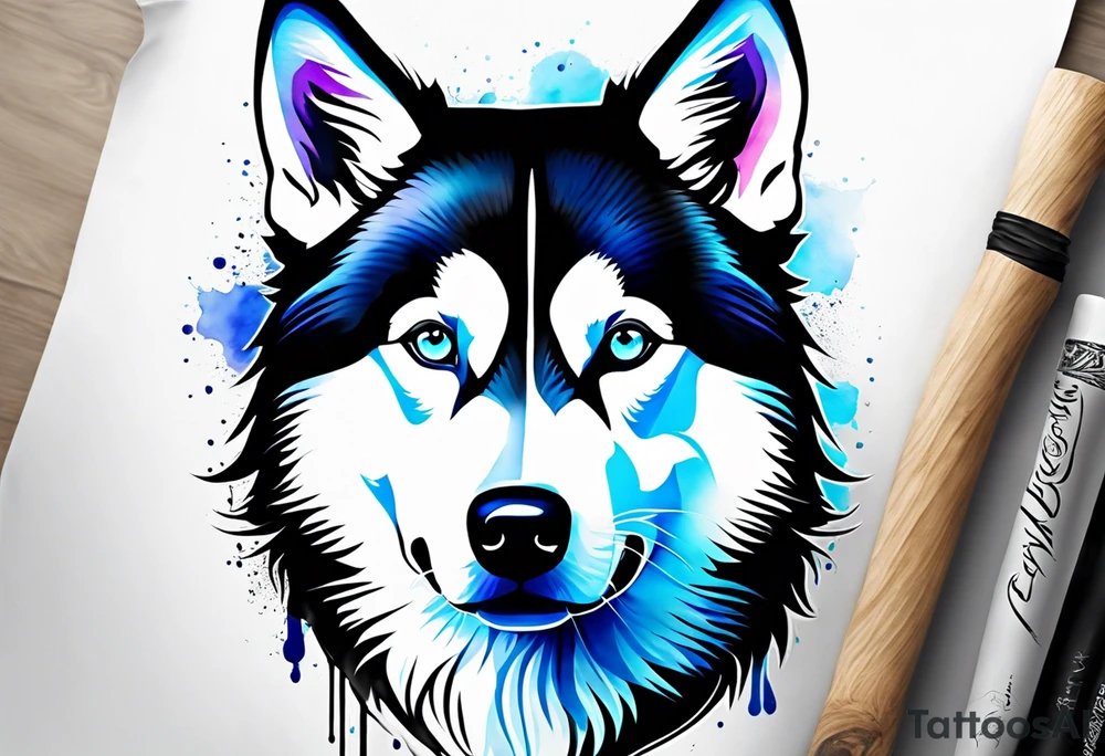Thigh piece. A black and white Siberian husky with blue eyes. The face should be split in half with one half watercolor and one half geometric. tattoo idea