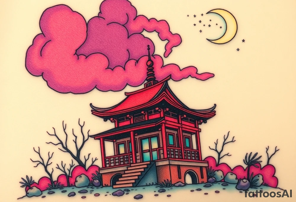 Tim Burton’s haunted pastel Tokyo shrine is abandoned and dripping with muted reds, dusty pinks, and eerie green glow.purple and cyan smokey clouds swirl in the crescent moonlit sky thats sprinkled with stars tattoo idea tattoo idea