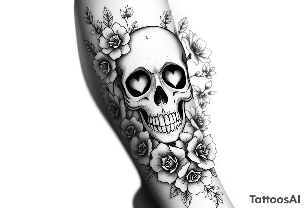 A half sleeve with Gothic pretty skull with heart shaped eyes surrounded by wildflowers and roses tattoo idea