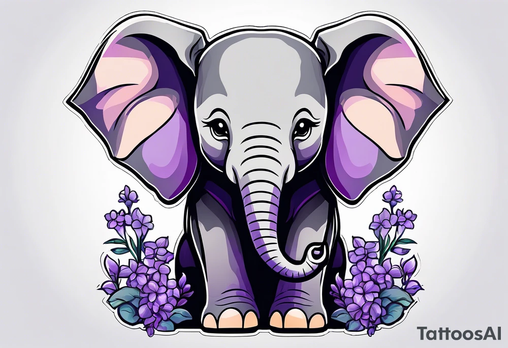 Baby elephant sitting with lilacs in its trunk tattoo idea