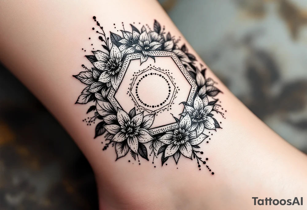 hexagon with Leo astrological symbol surrounded by larkspurs and water lilies tattoo idea