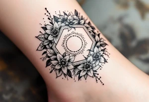 hexagon with Leo astrological symbol surrounded by larkspurs and water lilies tattoo idea