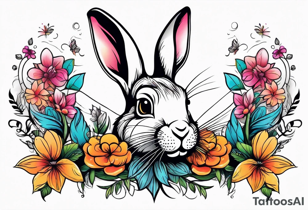 Realistic rabbit head and flowers tattoo idea