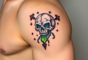 A cursed skull with cracks leaking green mist, surrounded by arcane symbols and forbidden spells tattoo idea