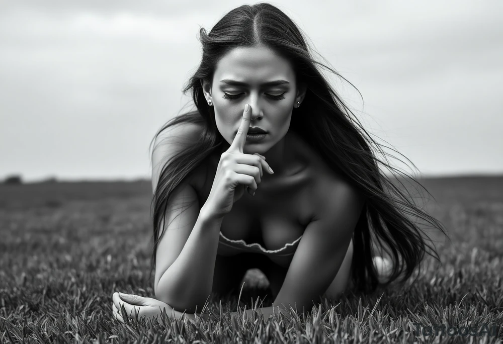 Theme: A powerful portrayal of the "See No Evil, Hear No Evil, Speak No Evil" concept, interpreted as a deliberate choice of selective perception and silence. The direct gaze and front-facing pose draw the viewer into her deliberate act of willful ignorance and secrecy.
Placement:  full front / full front thigh piece
Style realism black and grey).
Vibe: Striking,beautiful, and serene.
The Woman:
Pose: Kneeling on the grass, facing fully forward toward the viewer. The depiction will focus on her face, neck, upper chest, and torso.
Hair: Long hair flows forward and out to the sides, caught by the wind. It frames her face and shoulders.
Face - Eyes: Eyes are closed, emphasizing her active choice to close herself off.
Face - Nose/Mouth: A finger is held vertically to her lips in a "shush" or "don't speak" gesture, prominently visible centered on 
  Ears are seen bleeding and blood stains in the side in her left cheek 
Background/ Environment:
 Lush green grass where she is kneeling, at the very bottom of the composition.
Flowers roses and Beautiful  plumeria flowers bloom around her kneeling form,  framing her hips or flowing near the grass line. As the sun is setting 
Butterflies: Different sized butterflies flutter in the space around her chest and hair, adding organic movement.
Essential References & Inspiration
Examples of hair blowing forward in the wind, framing the face and chest.
Specific examples of the "shush" finger-to-lips pose from a front angle.
 pink plumeria and various butterflies. tattoo idea