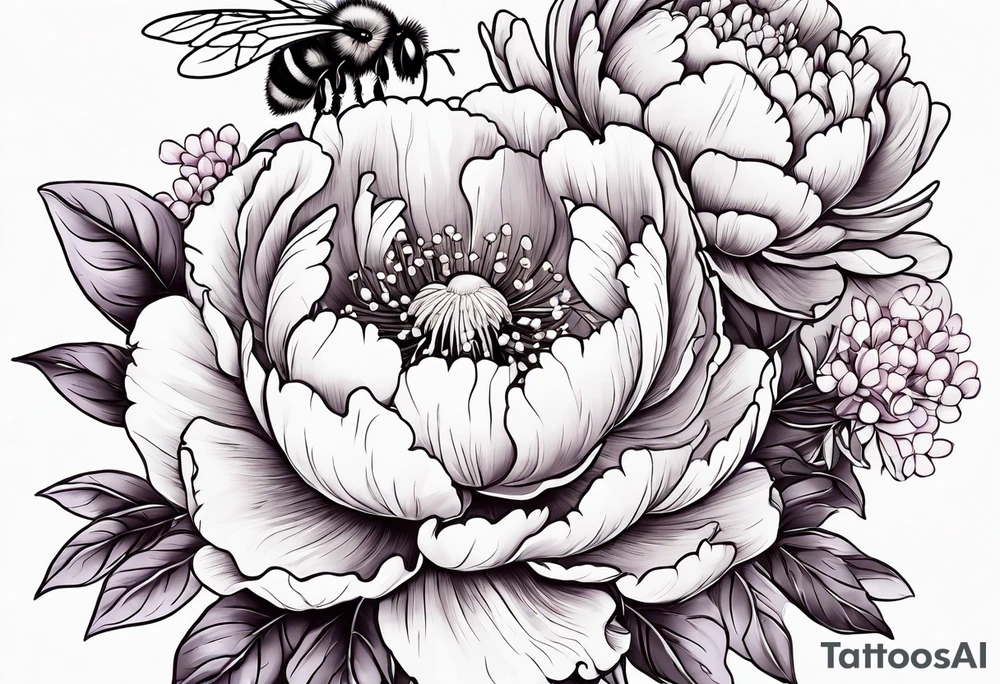 Bouquet of peony with hydrangea and leaves and a bumblebee lilac flowers tattoo idea
