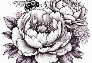 Bouquet of peony with hydrangea and leaves and a bumblebee lilac flowers tattoo idea