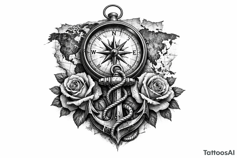 a compass under it an anchor, roses,world map. tattoo idea
