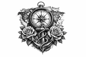 a compass under it an anchor, roses,world map. tattoo idea