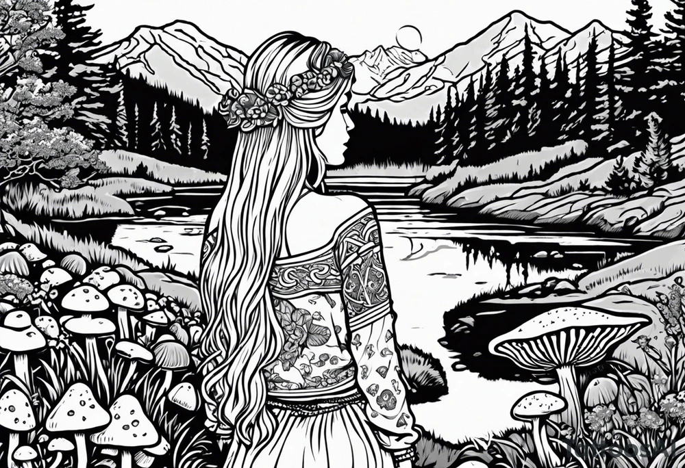 Whole picture encircled fully

Straight long blonde hair hippie girl in distance holding mushrooms in hand facing away toward mountains and creek surrounded by mushrooms long sleeve shirt and hiking pants; whole rendering within a full celtic circle border, no cut off circle tattoo idea