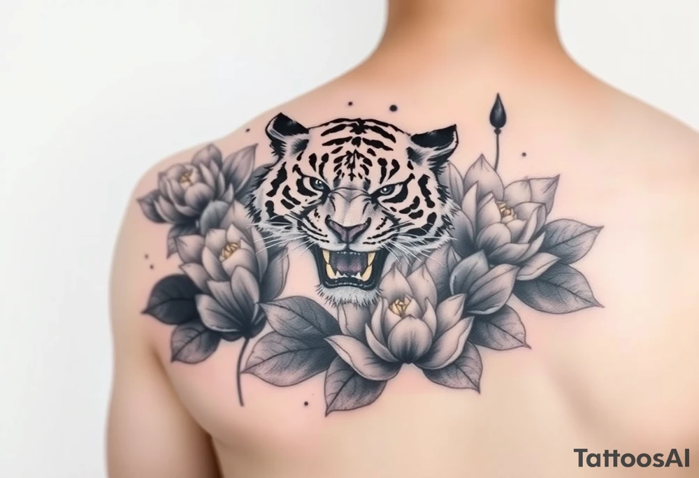 fierce tiger emerging through blooming lotus flowers in mist tattoo idea