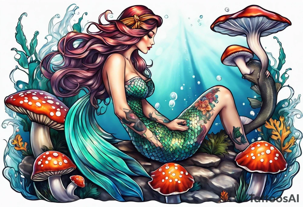 a mermaid siting over a mushroom tattoo idea