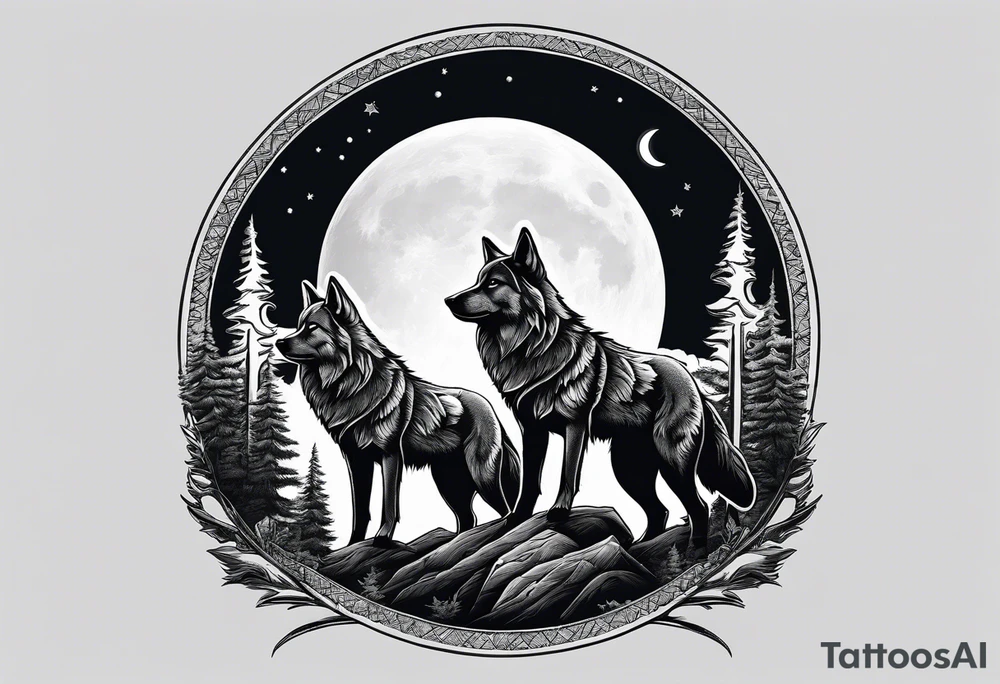 Mountain peaks
Two wolves sitting at end of trail
Moon
Dark woods tattoo idea