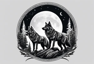 Mountain peaks
Two wolves sitting at end of trail
Moon
Dark woods tattoo idea