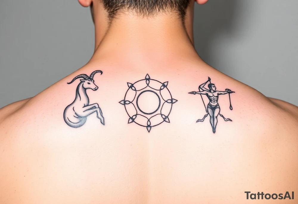 Simple line art tattoo that incorporates the zodiac signs Capricorn, Gemini, and Sagittarius— no shading— beginner friendly tattoo idea