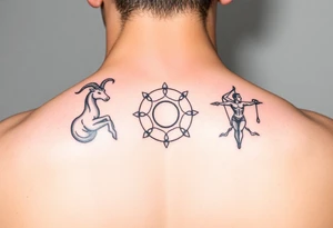 Simple line art tattoo that incorporates the zodiac signs Capricorn, Gemini, and Sagittarius— no shading— beginner friendly tattoo idea