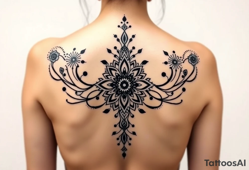 spine tattoo design with symmetrical ornamental patterns, combining dotwork, mandala elements, and flowing lines that follow the natural curves of the body with tribal-inspired lower back tattoo with sweeping symmetrical curves, bold linework, and soft floral accents, creating a feminine yet powerful aesthetic. The design is intricate and balanced. tattoo idea
