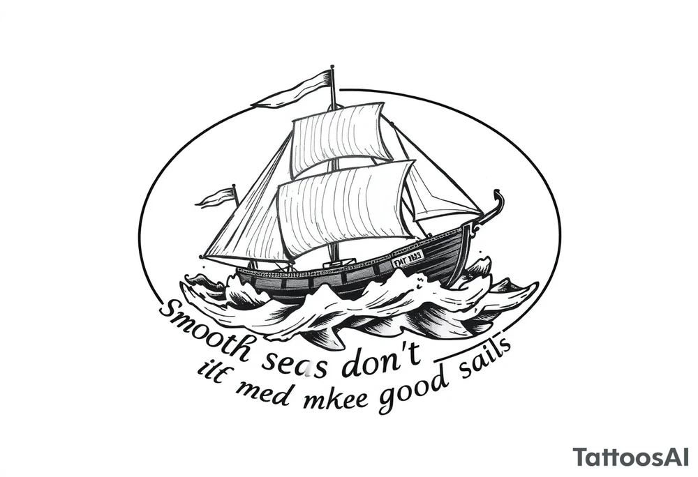 Can you please create an oval design of a ship in rough seas with the words “smooth seas don’t make good sailors”? tattoo idea