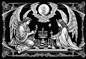 Depict an angel and demon playing chess on a board that morphs from celestial clouds to fiery inferno, representing the merging of the spiritual realms in the eternal game. tattoo idea