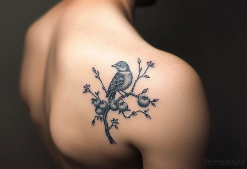 wind up bird in persimmon tree with lots of fruits and branches on calf tattoo idea