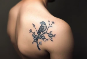 wind up bird in persimmon tree with lots of fruits and branches on calf tattoo idea