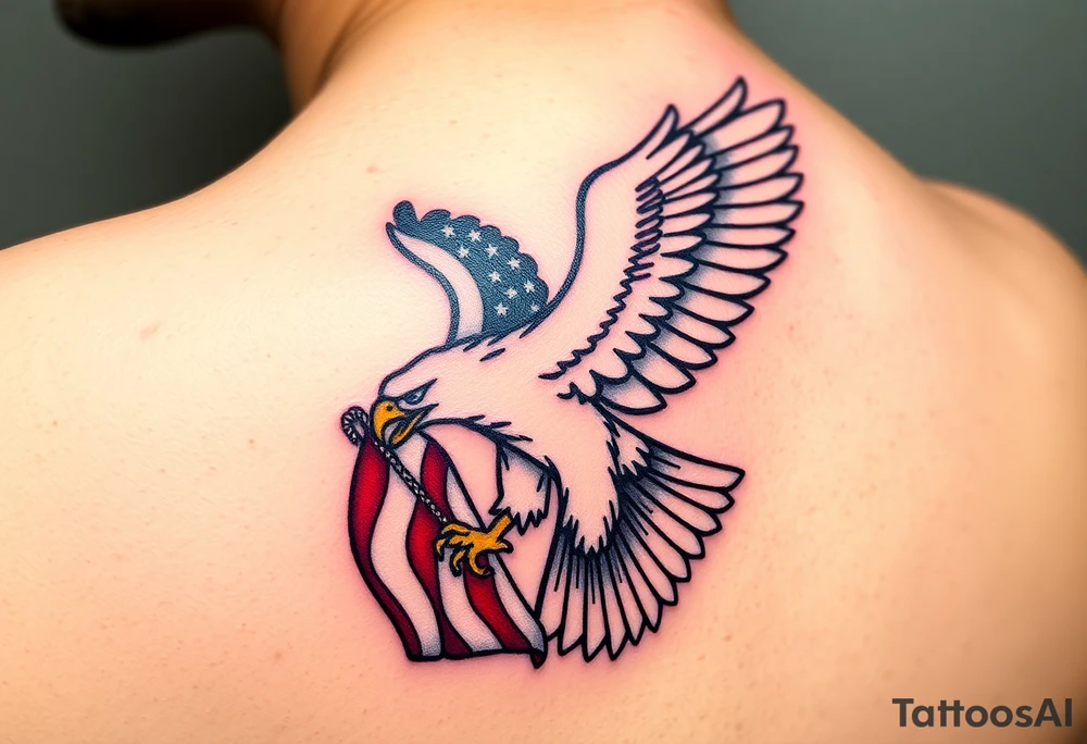 A bold American eagle clutching a tattered US flag in its talons, with vibrant red, white, and blue details tattoo idea