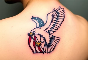 A bold American eagle clutching a tattered US flag in its talons, with vibrant red, white, and blue details tattoo idea